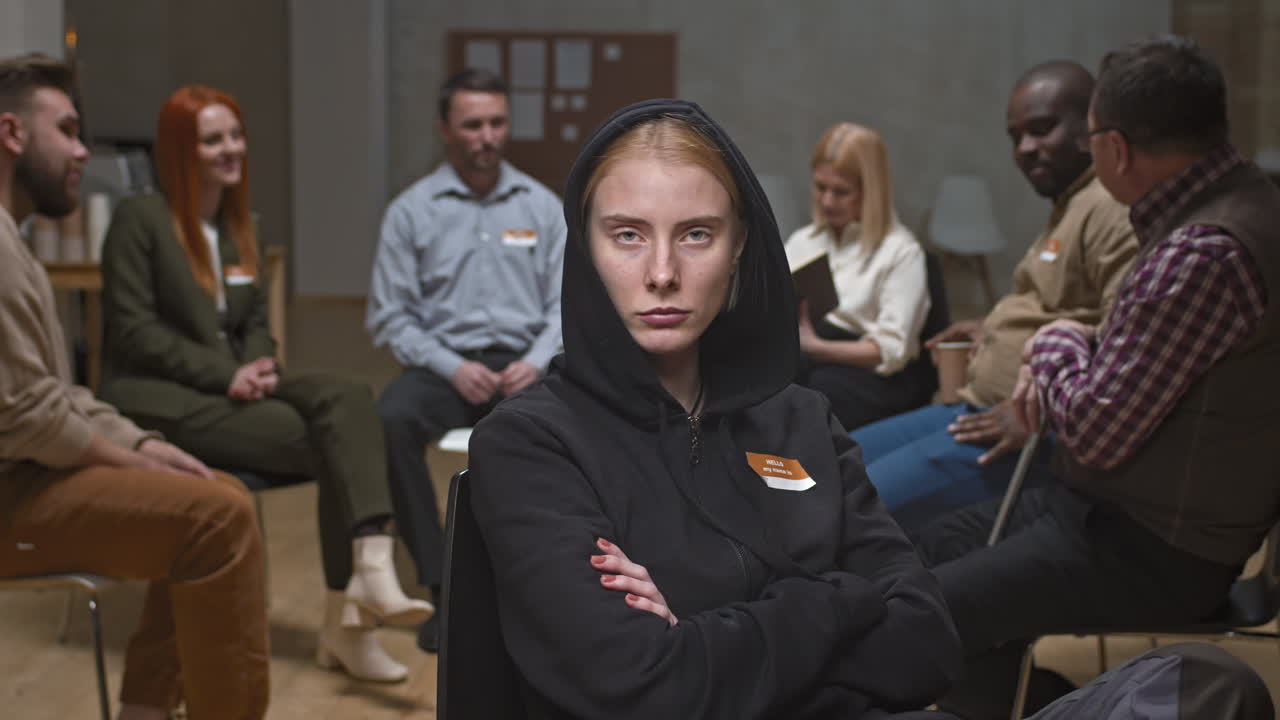 Arrogant Young Woman Posing for Camera at Group Therapy Session