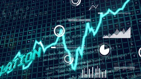 Animation-Von-Blauem-Stagflation-Text,-Diagramm-Und-Raster-Mit-Datenverarbeitung-Auf-Schwarzem-Hintergrund