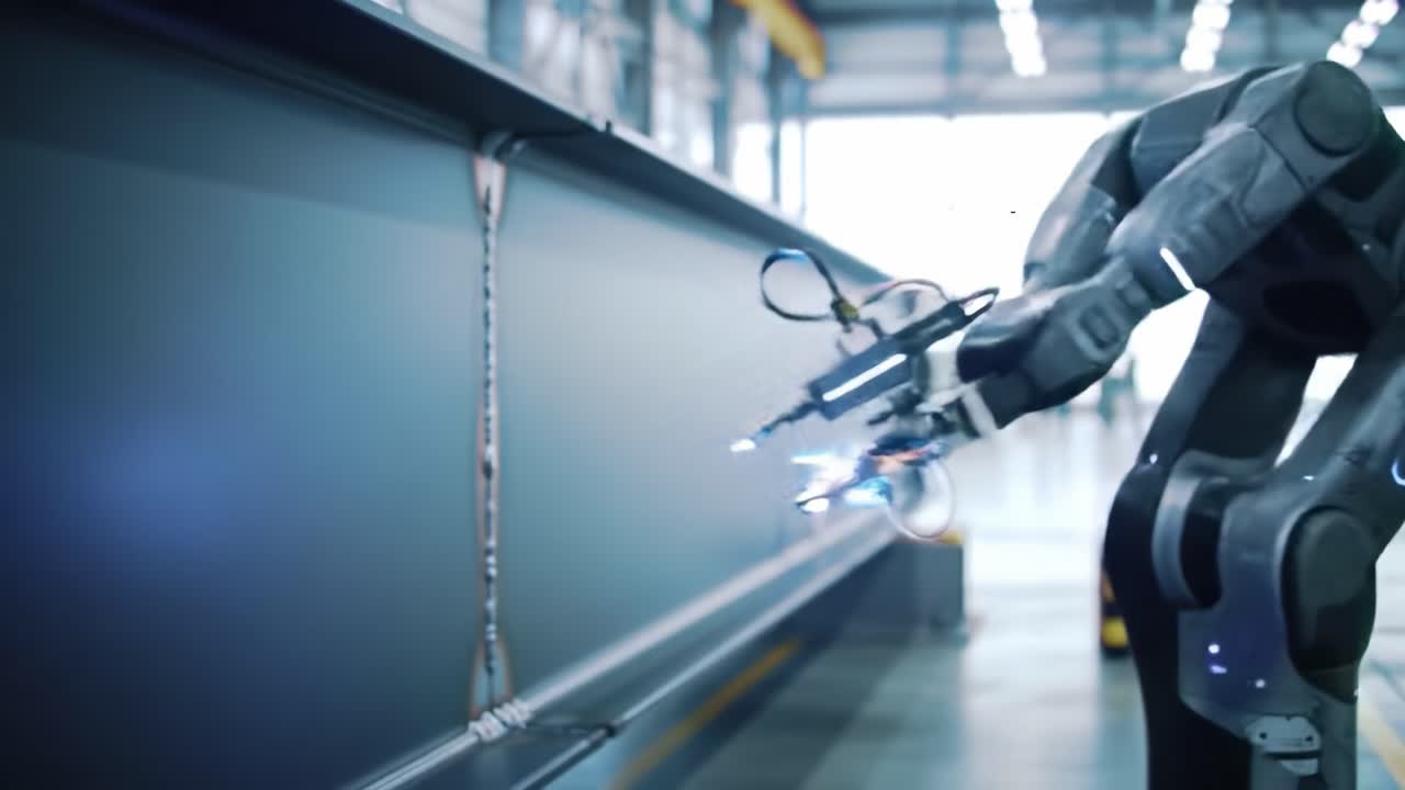 Advanced Robotics: Precision Welding Operation Enhances Manufacturing Efficiency with Automated Robotic Arm Technology in High-Tech Industrial Setting