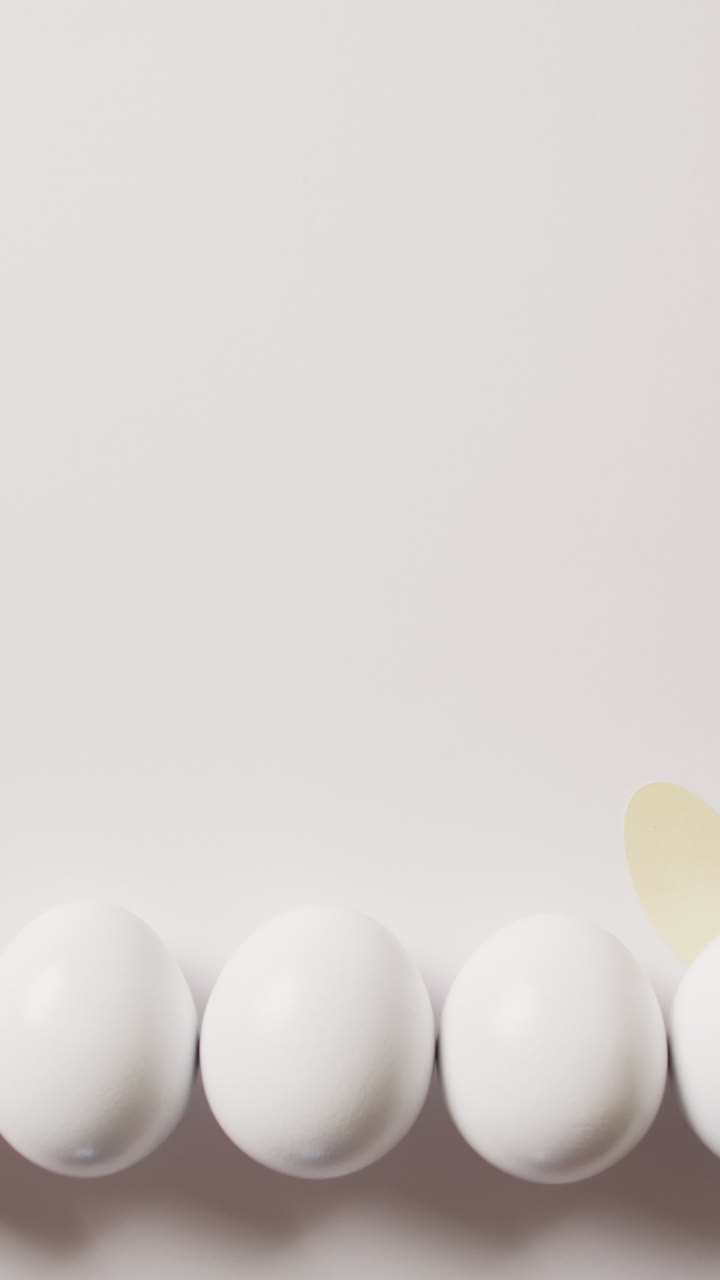 Vertical video of white easter eggs with rabbit ears on white background with copy space