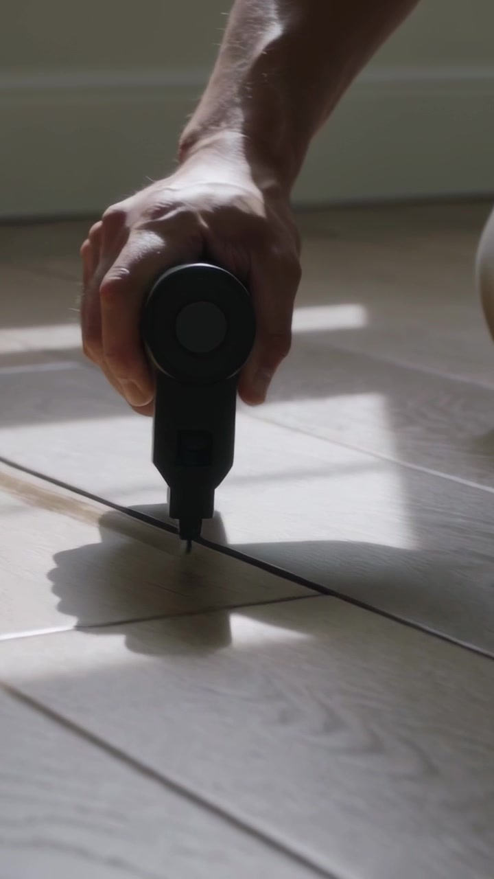 Vertical video: Lowering tip, man on knee guiding black tool sealing grout at home in light pants