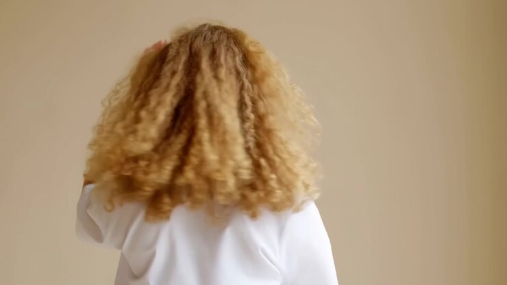 Blonde witte vrouw van achteren gezien, die haar krullende, volumineuze haar opgooit in een studio tegen een beige achtergrond, gekleed in wit