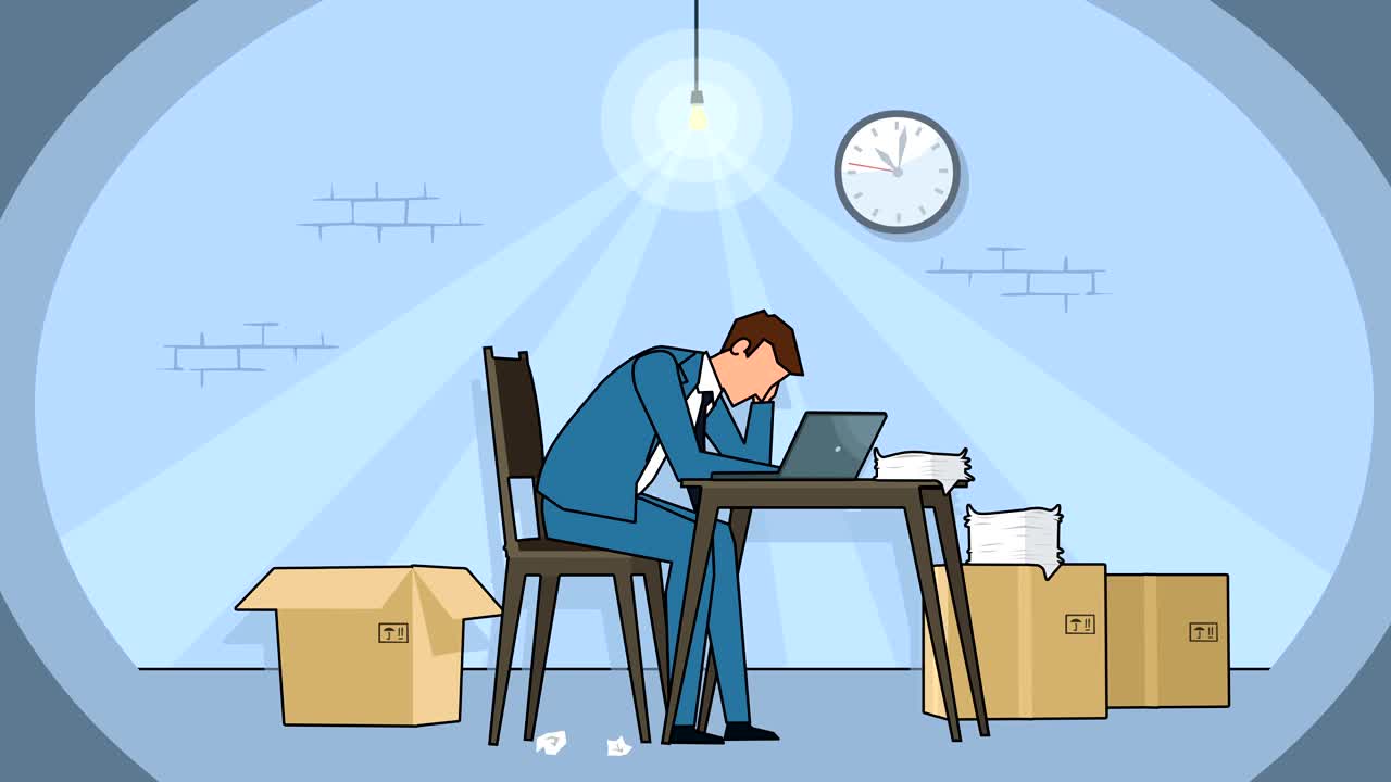 평평한 만화 사업가 캐릭터는 노트북 근처의 직장에서 잠을 자고 사무실 지하실 애니메이션