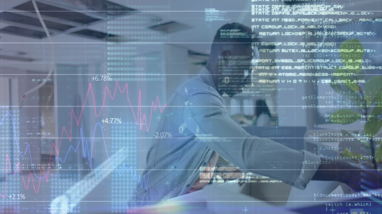 Animation of data processing over biracial businessman in office
