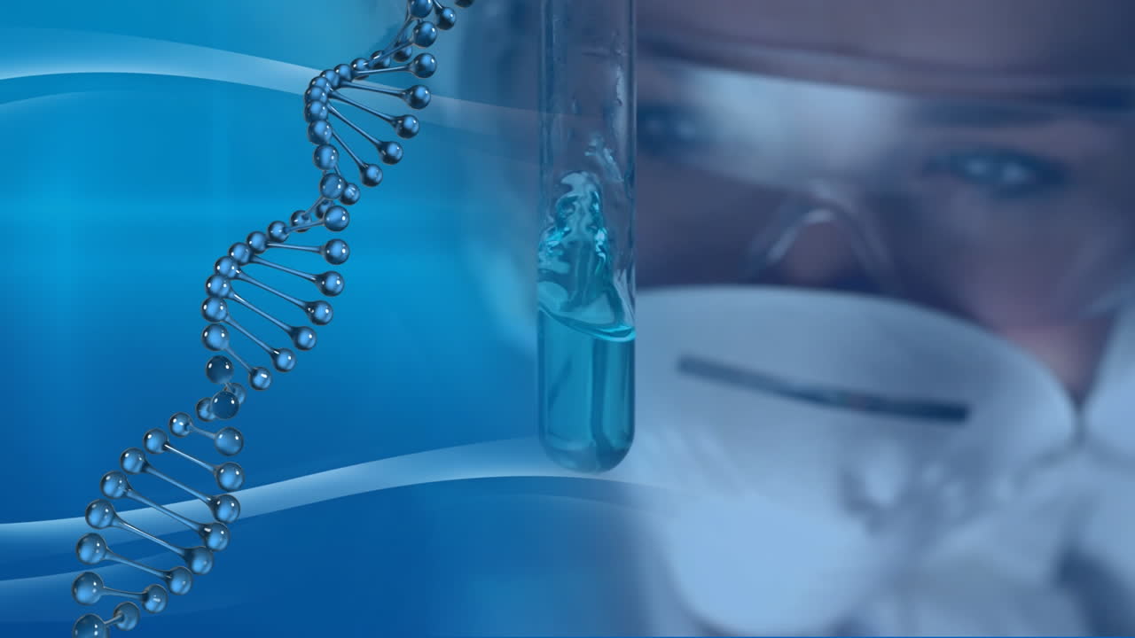 Animation of dna strand spinning over scientist in laboratory
