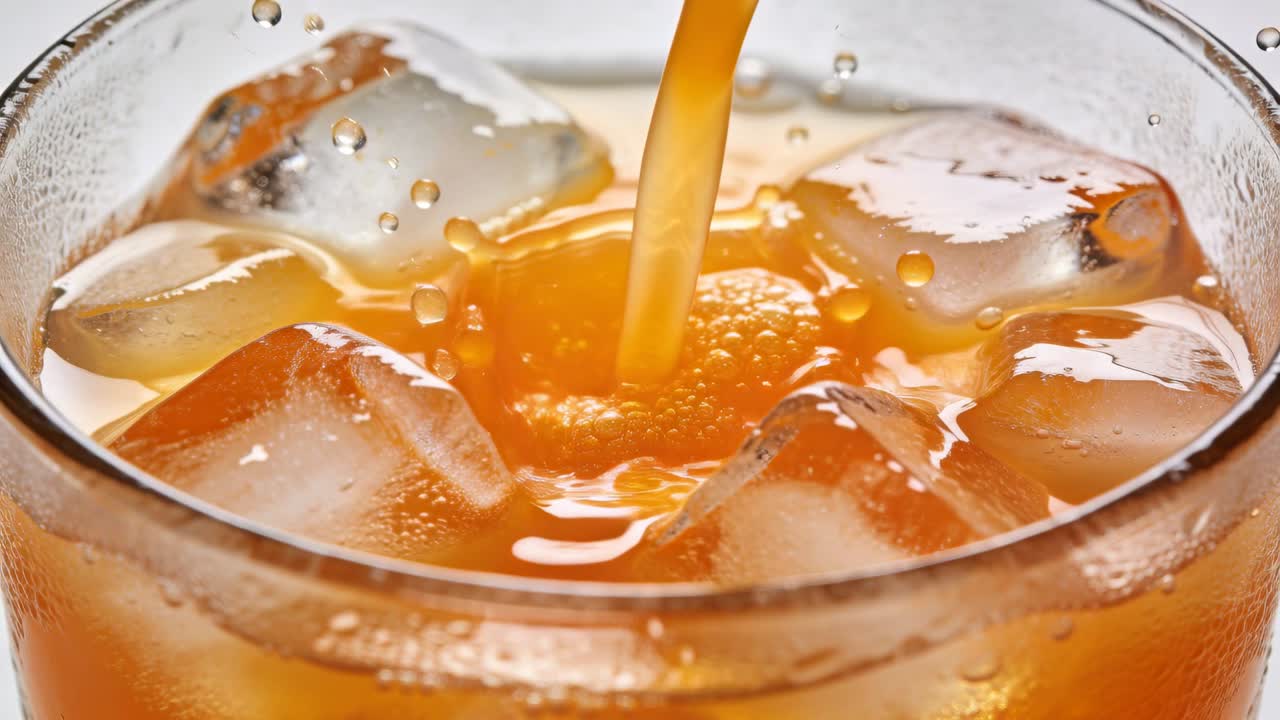 Inclinando un contenitore invisibile, versando liquido ambrato in un bicchiere trasparente su un tavolo da studio, con ghiaccio.