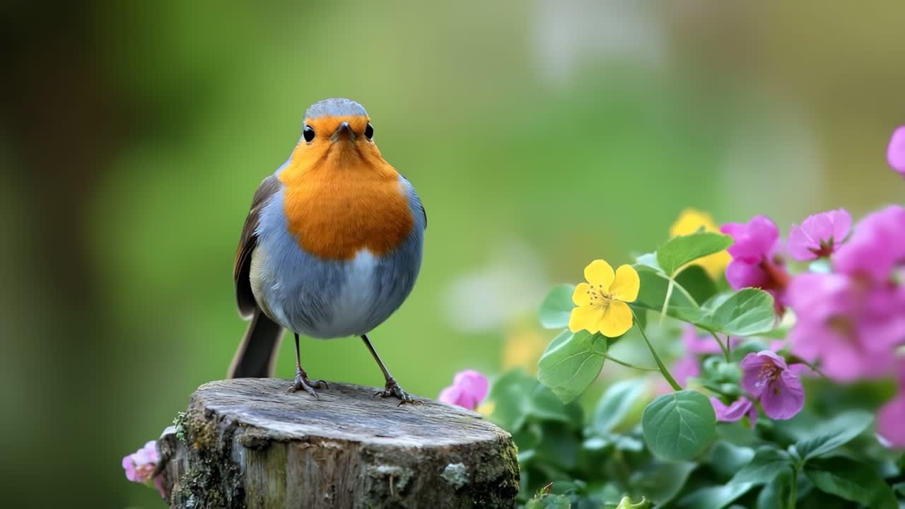 Close-up video of a robin perched on a tree stump, surrounded by vibrant flowers