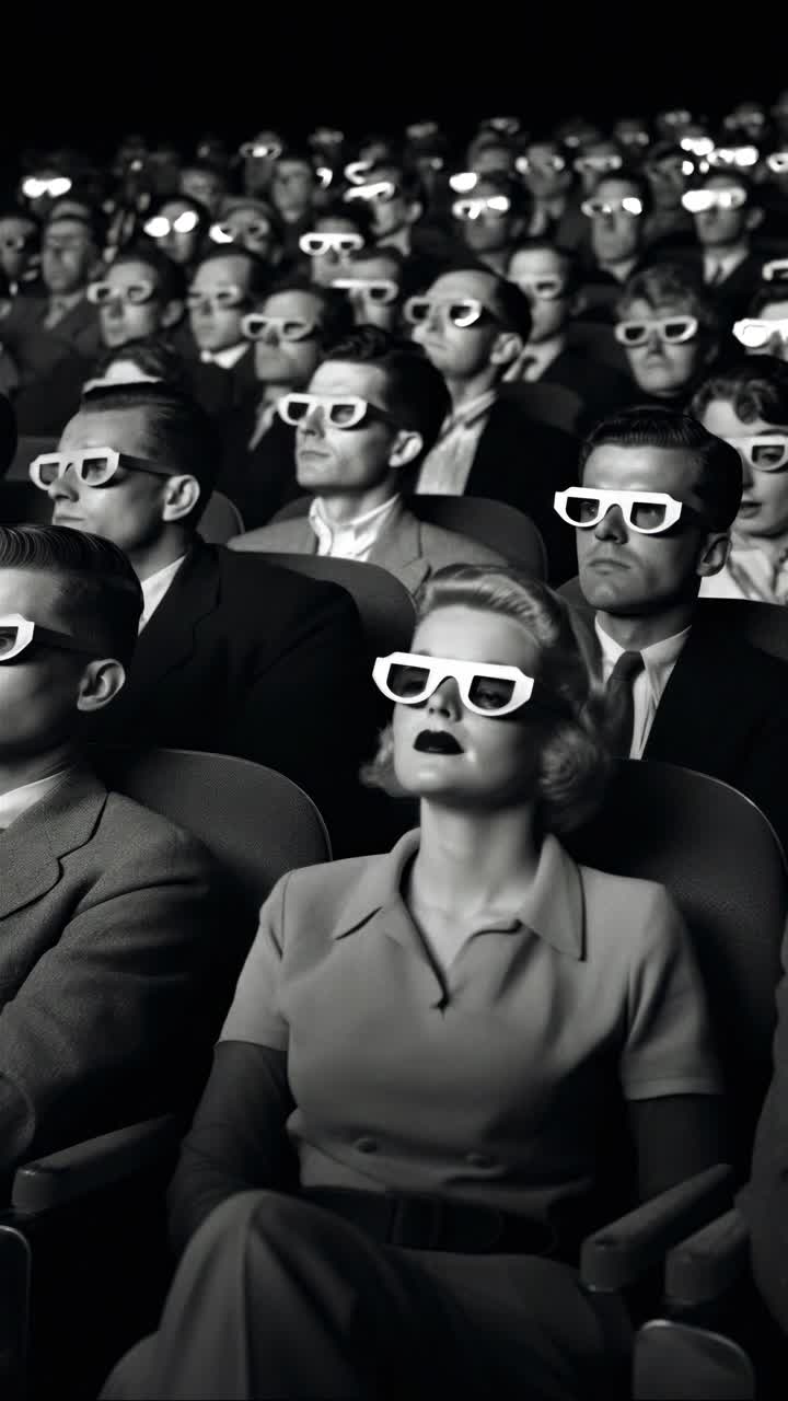 Black and white video still of an audience wearing 3D glasses, captured from a frontal angle