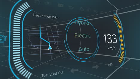 dashboard display showing navigation and speed, futuristic electric car animation