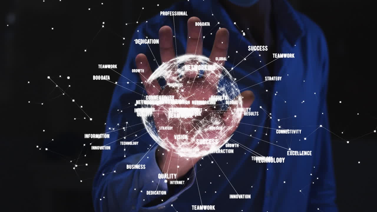 Animation of globe with data processing and biometric hand reading