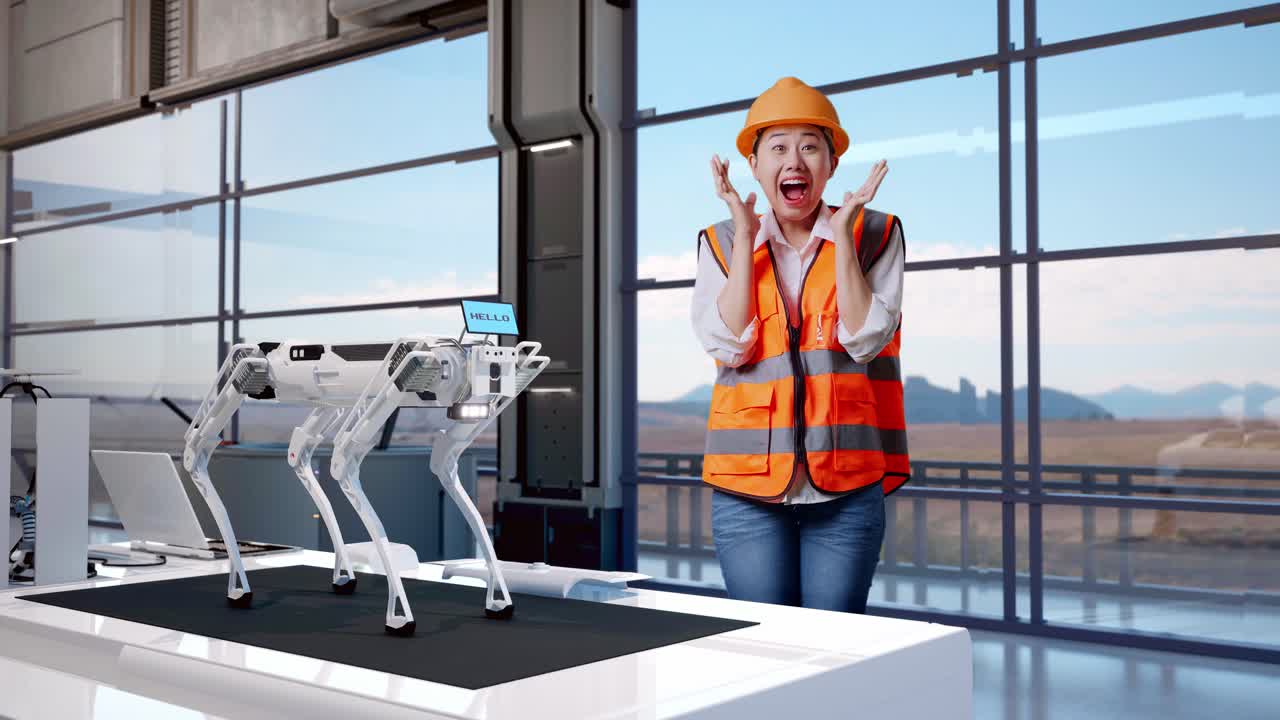 corpo pieno di ingegnere donna asiatica con casco di sicurezza sorridendo alla telecamera e dicendo wow mentre si trova in una fabbrica ad alta tecnologia, analizzando il concetto di macchina robotica