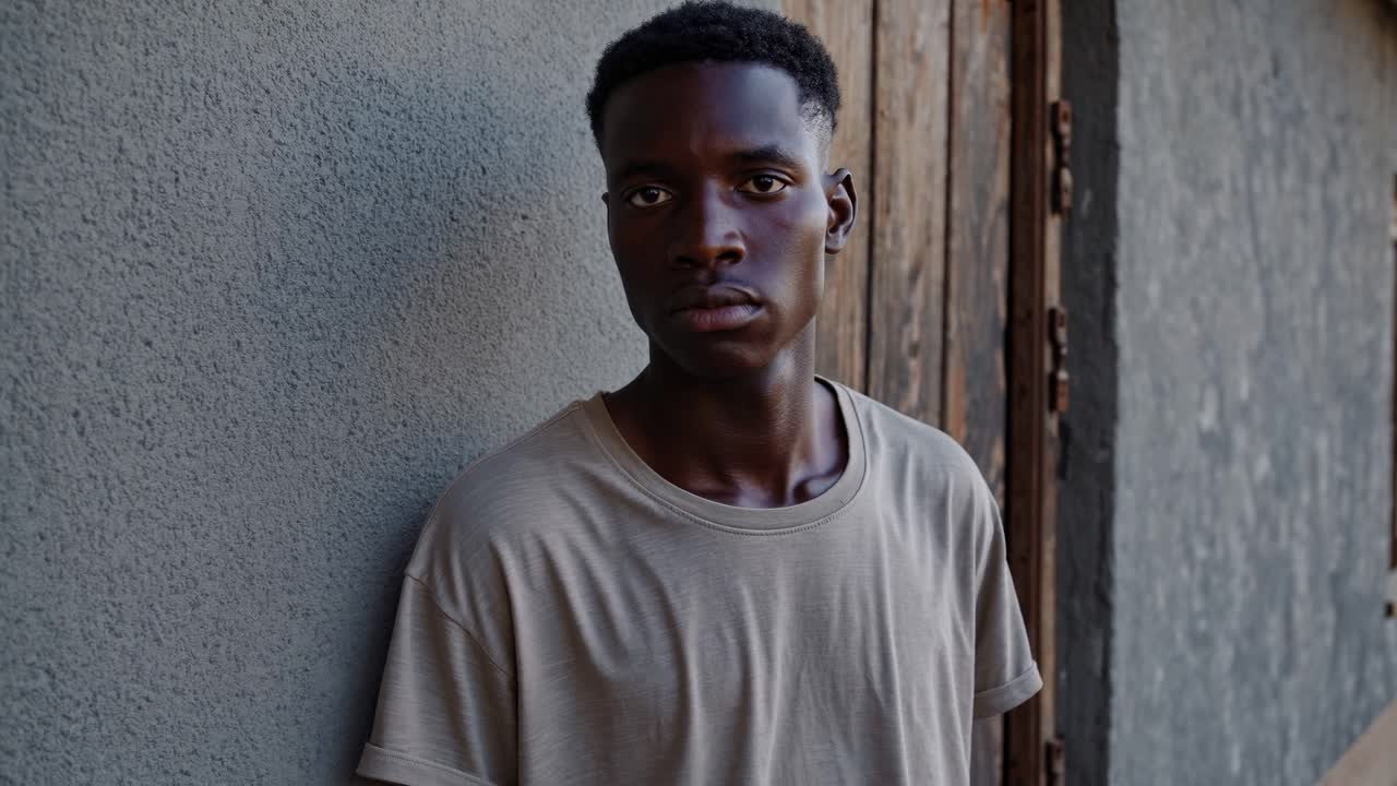 un joven de pie contra una pared