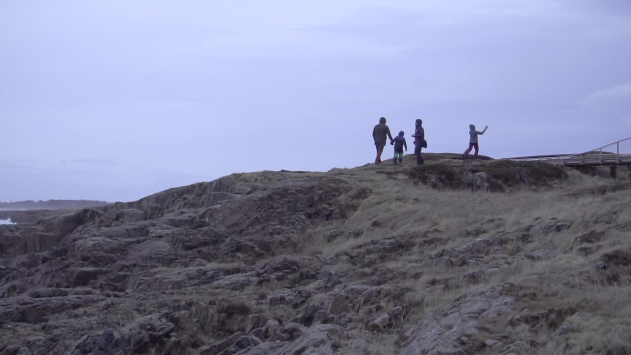 Slow motion shot: Family of four, walking on top of a hill, enjoying the scenery.