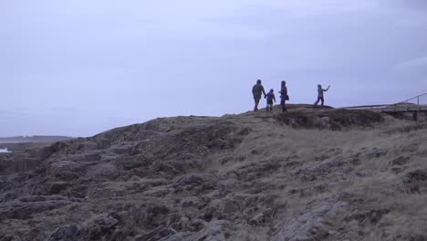 slow motion shot: family of four, walking on top of a hill, enjoying the scenery.