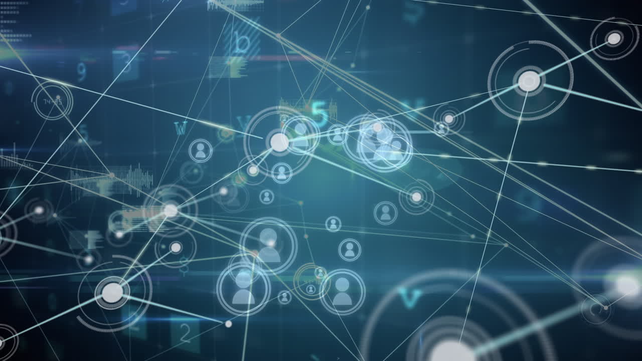 Animation of network of people icons transferring data and malware warnings on black background