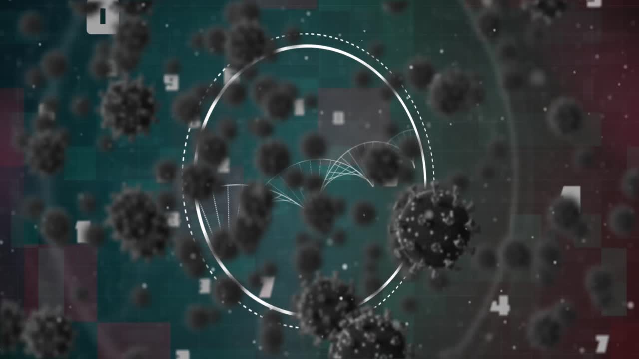 células de covid-19 y múltiples números cambiantes sobre la estructura del adn girando sobre un fondo verde