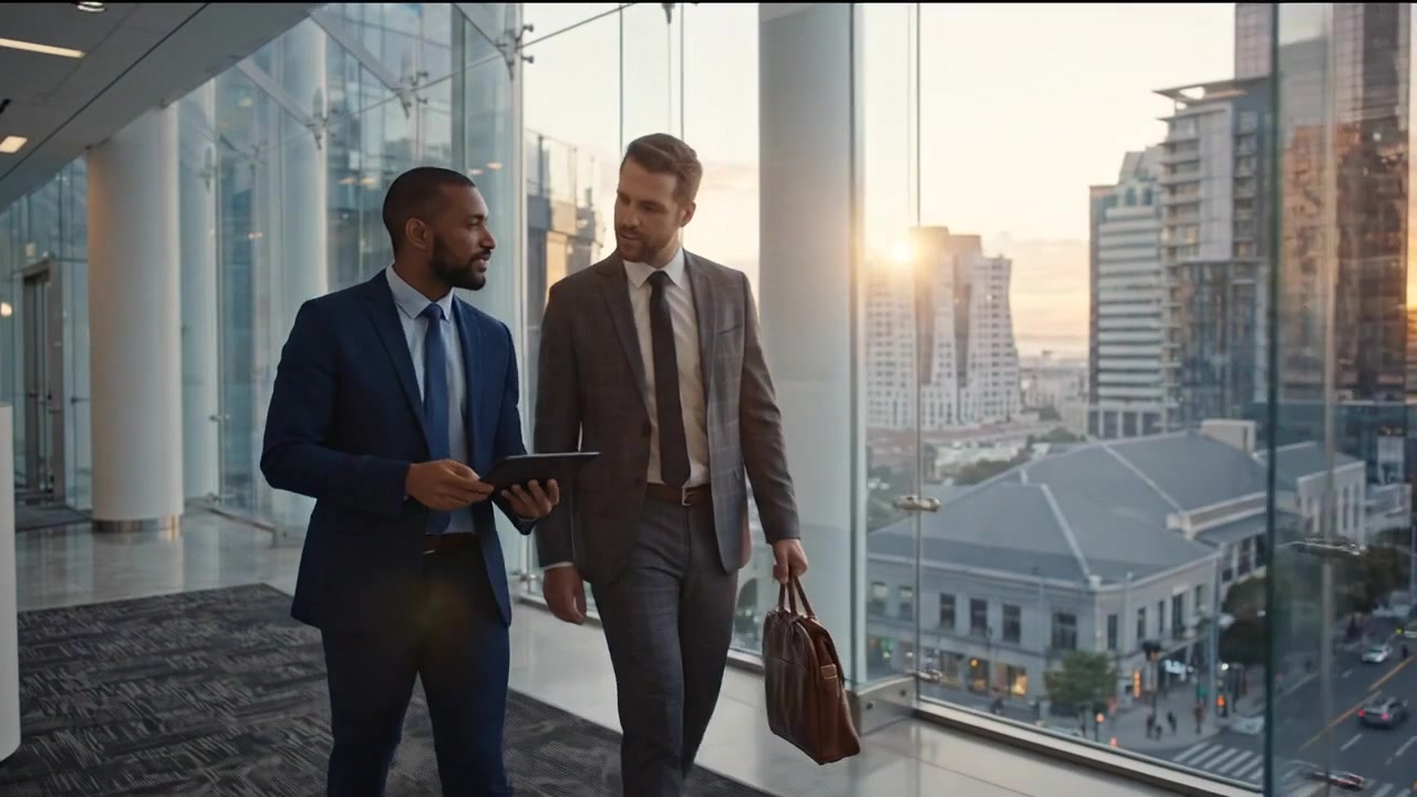 Business Executives Walking and Discussing Corporate Strategy in Modern Office Building