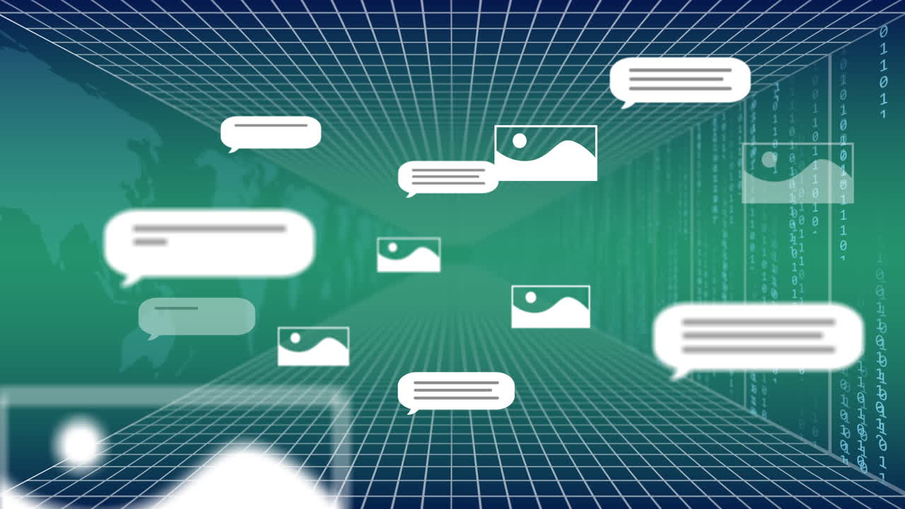 animación de íconos de paisaje y burbujas de habla sobre el mapa del mundo sobre fondo azul