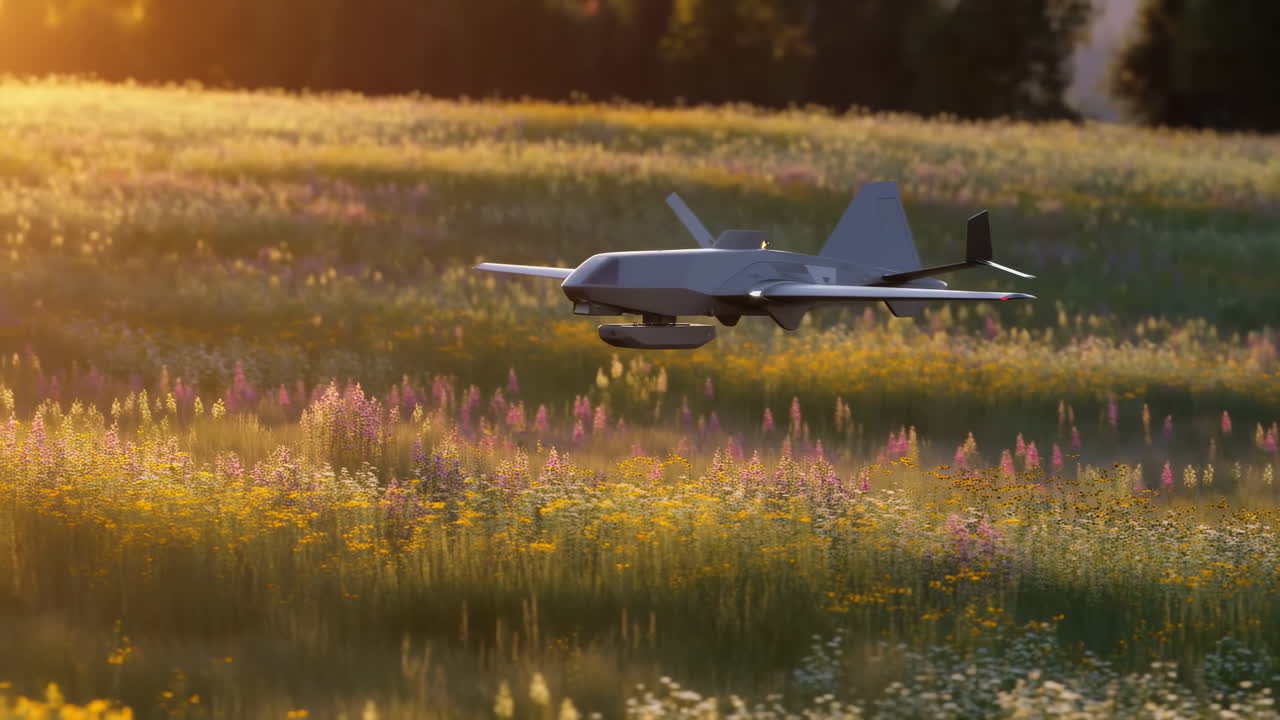 Drone flyver over eng ved solnedgang, gyldent modlys på vilde blomster, lavtflyvende svæveflyvning over græsland.