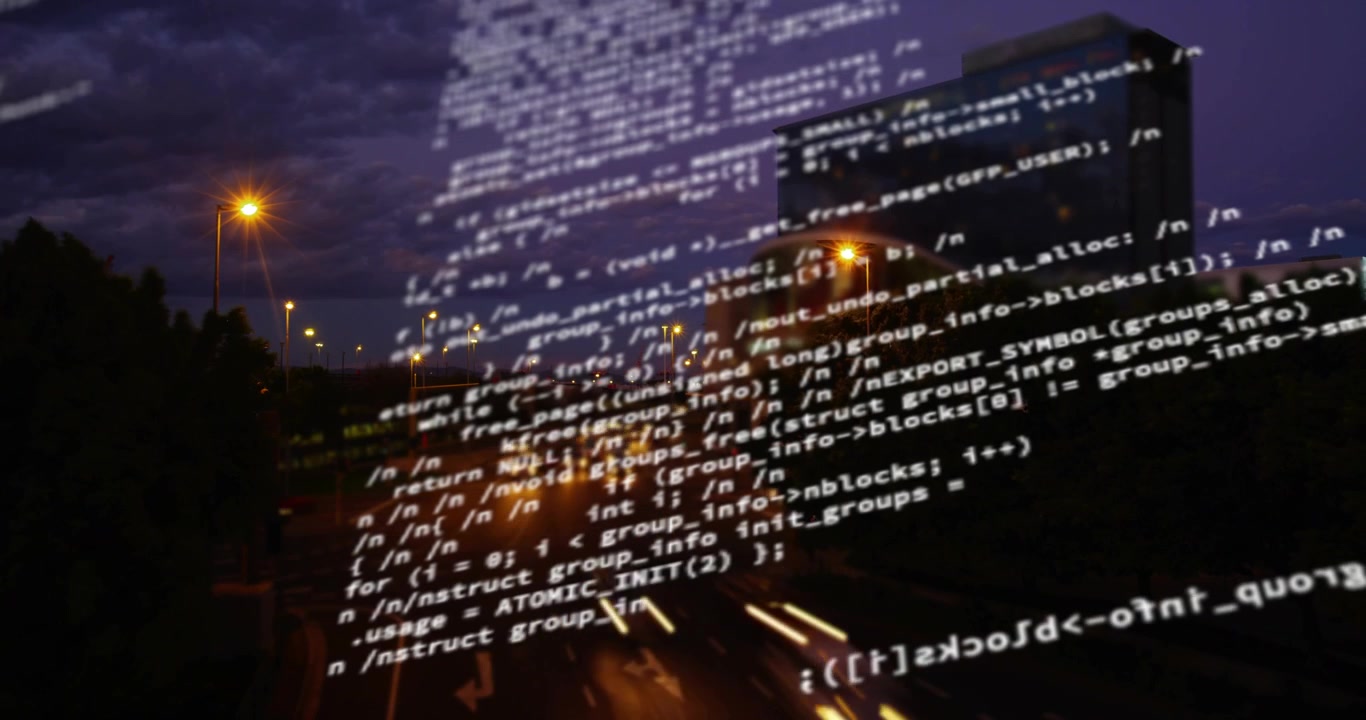 Code overlay drifting on data pulse, cars streaking along road, visualizing traffic flow