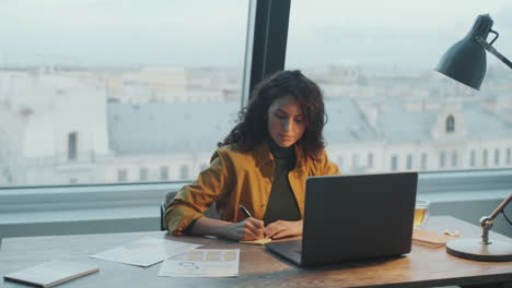 businesswoman taking notes and using laptop in rooftop office