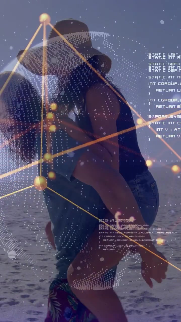 Woman reaching shoulders, playful piggybacking while man carrying shore, AR globe overlay over them
