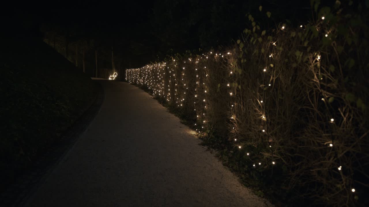 Warm white decorative string lights illuminate a hedge-lined pathway at Trakoscan Castle in Croatia, creating atmospheric nighttime scenery along the outdoor walking route