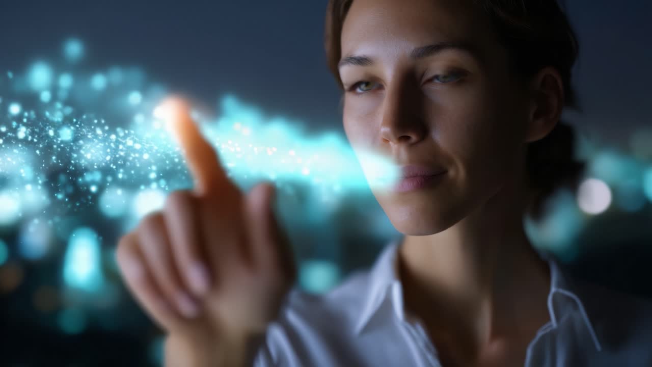 Una donna che utilizza la tecnologia virtuale, con la punta del dito che accende un vortice di particelle luminose, a simboleggiare l'innovazione e il futuro dell'interazione digitale