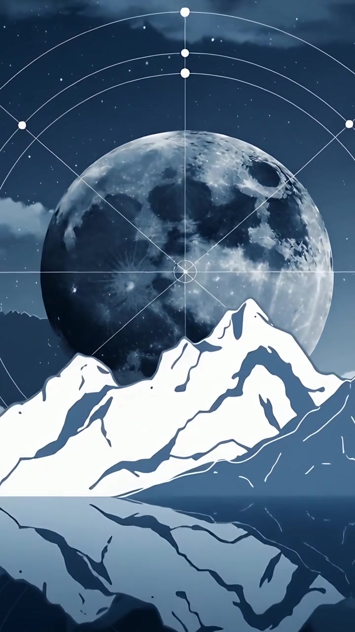 Video verticale: Mostra la luna piena che cala dietro le cime che emergono dal lago di notte, con sovrapposizione anulare.