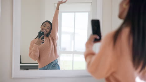 woman, mirror selfie and home with smile