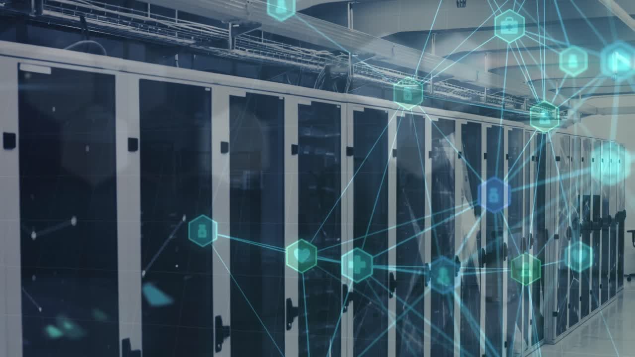 Animation of network of medical icons, light spot and plexus networks against computer server room