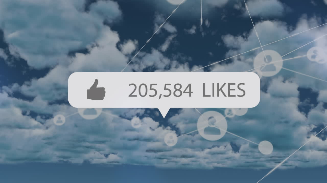 Animazione di notifica 'mi piace' dei social media e rete di comunicazione su nuvole nel cielo blu