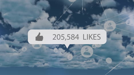 animación de los medios sociales como la notificación y la red de comunicación sobre nubes en el cielo azul