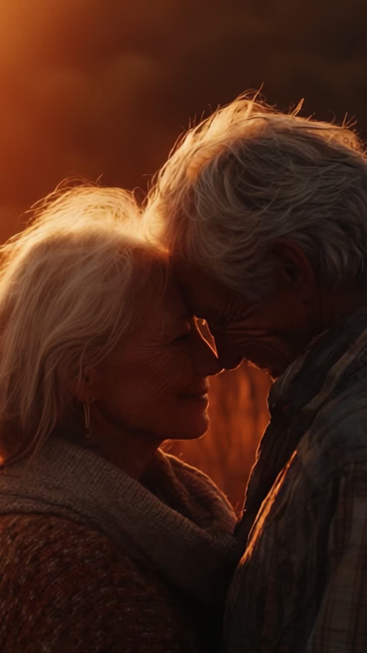 Un conmovedor momento de conexión: una pareja de ancianos abrazando el amor al atardecer, irradiando alegría y ternura en compañía mutua.