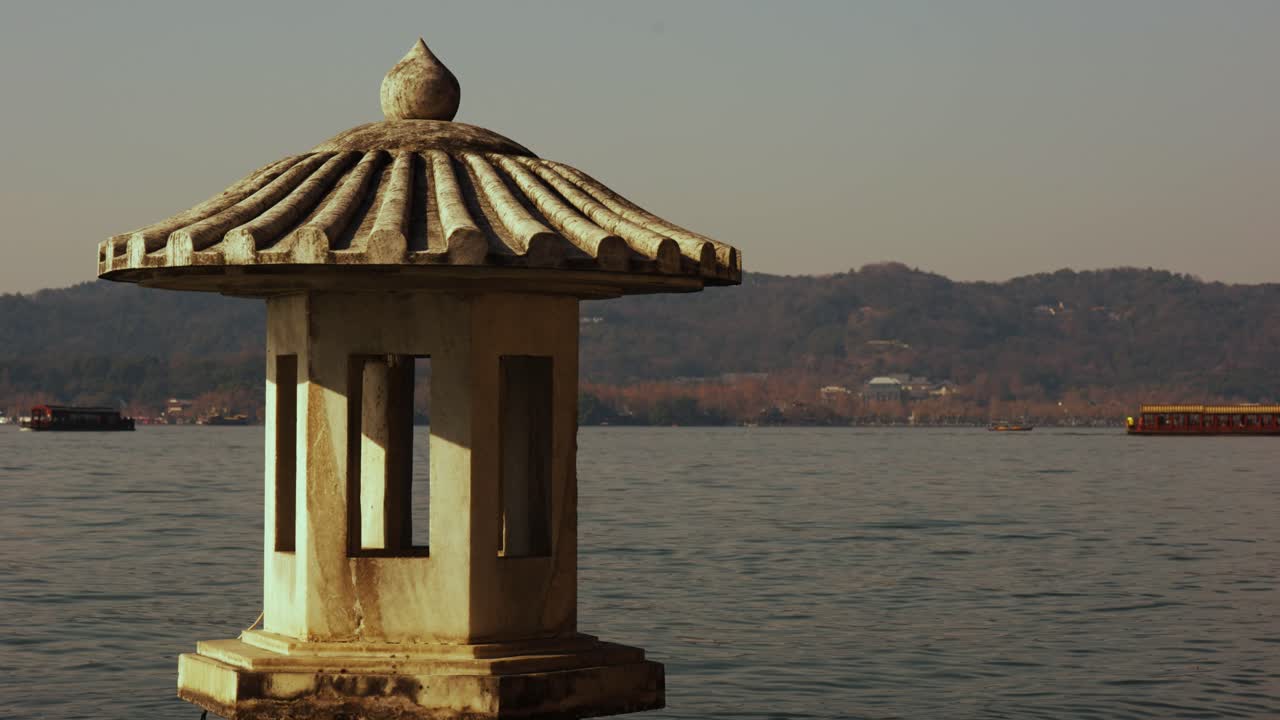 Traditional Stone Lantern Structure on Hangzhou West Lake