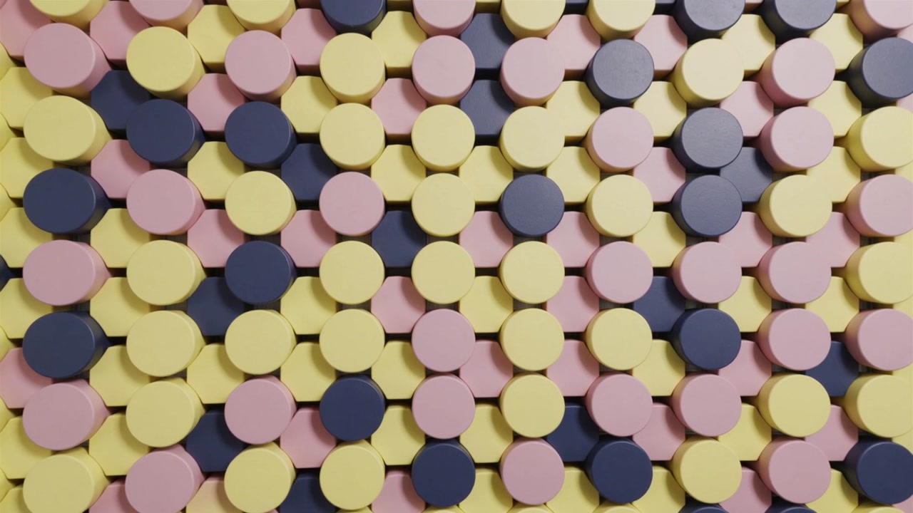 Shifting camera showing pastel yellow, pink, navy round pegs in studio, revealing subtle shadows