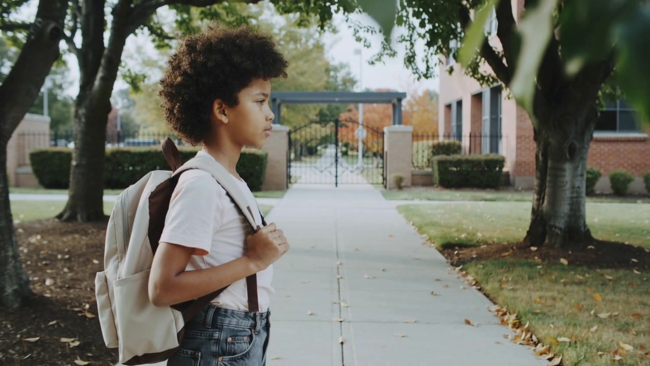 Standing child in light shirt gripping beige pack, waiting to enter school, camera panning leaves