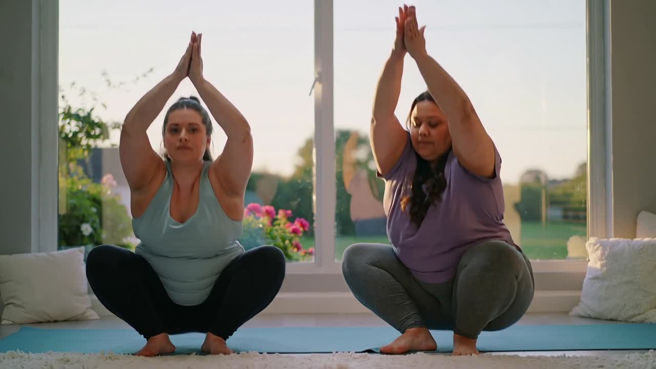 Due donne in abbigliamento sportivo che, respirando, passano dalla posizione seduta alla posizione dell'albero vicino a una finestra, su tappetini blu per l'equilibrio.