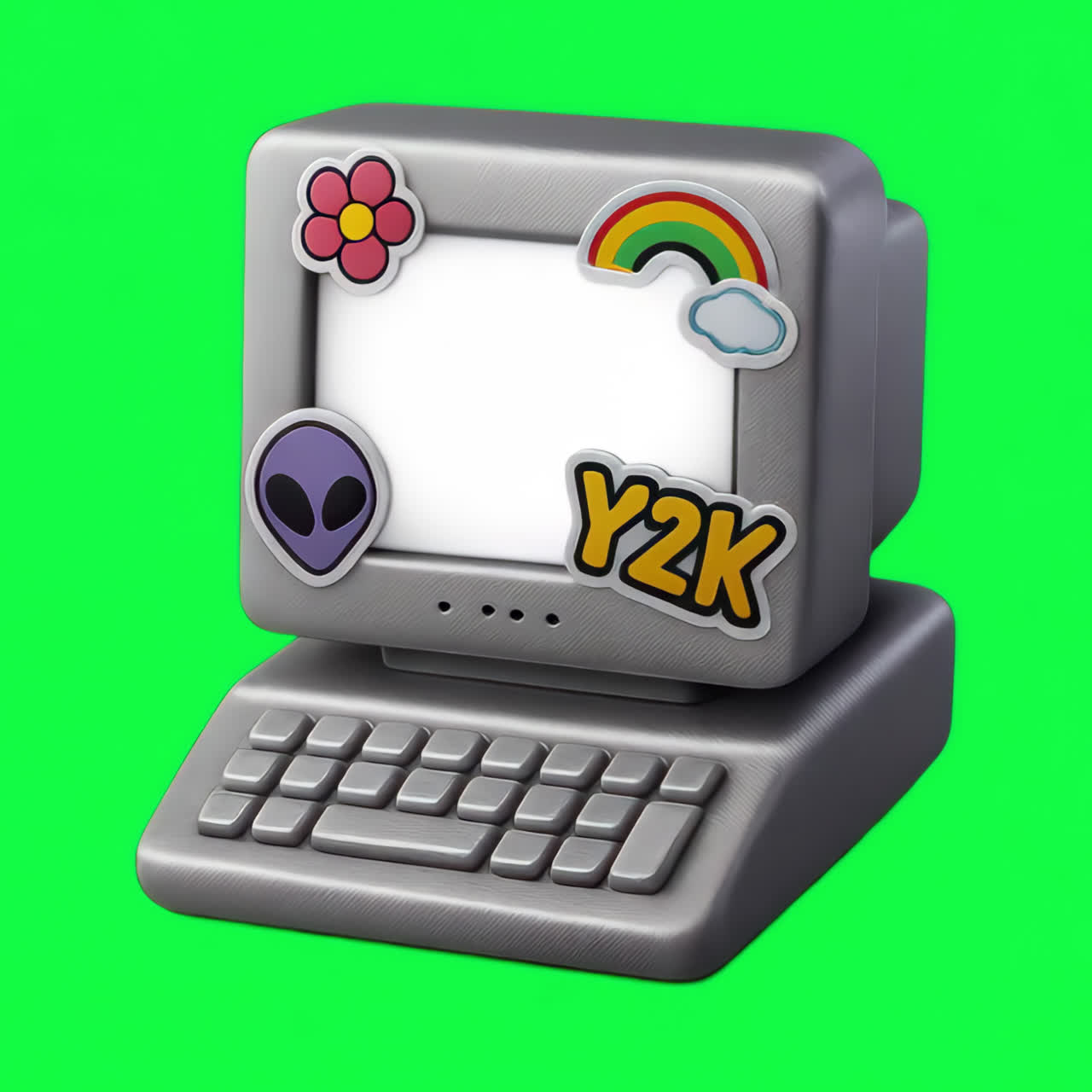 Retro computer with colorful stickers animation isolated asset, transparent 4K video, alpha channel