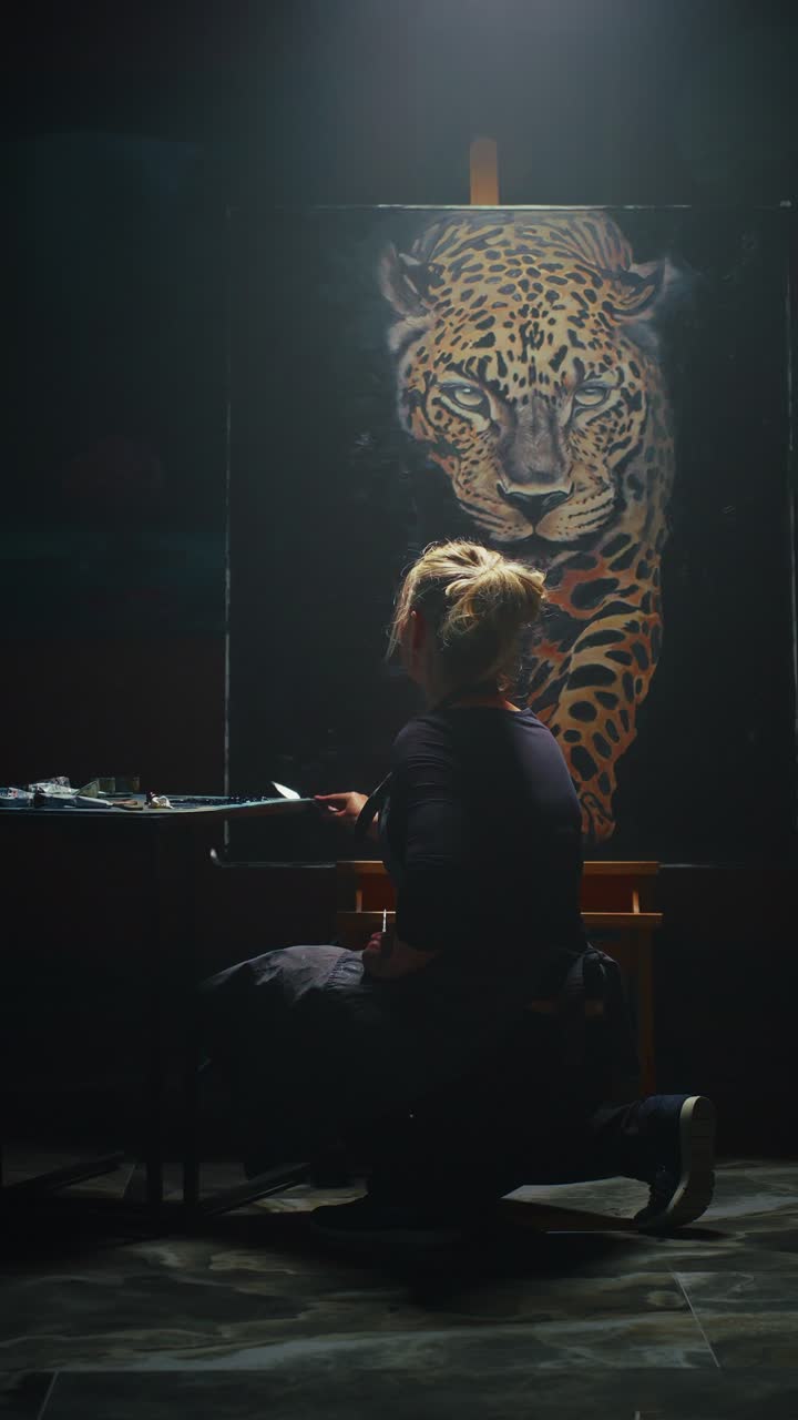 Woman Painting a Leopard Portrait in an Art Studio