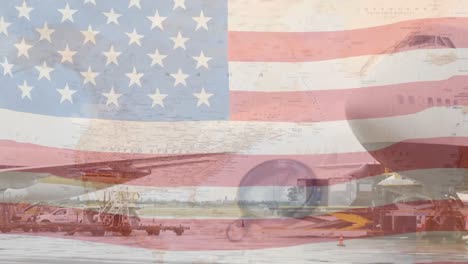 animación de ondear la bandera de ee.uu. sobre el aeropuerto y el mapa