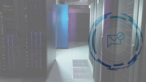 Animation-of-envelope-and-stop-symbol-over-illuminated-data-server-racks-in-server-room