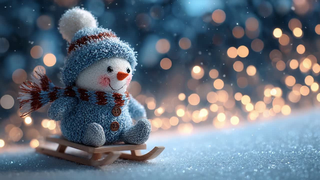 Charming snowman figurine delightfully riding a wooden sled across a snowy landscape, adorned with twinkling lights that add a whimsical touch of holiday cheer