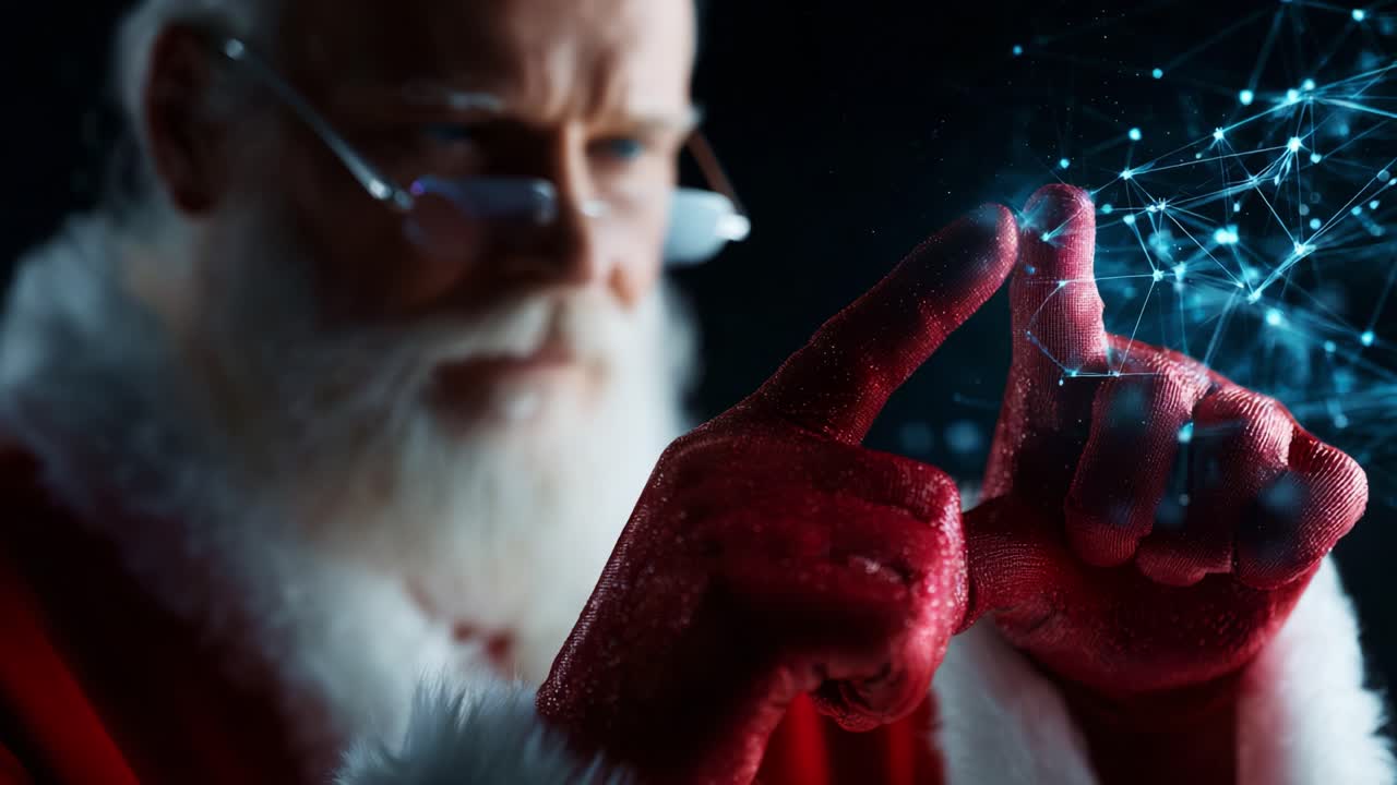 A modern interpretation of Santa Claus, showcasing him engaged in a digital interaction, emphasizing technology and innovation with a personalized touch to the festive season