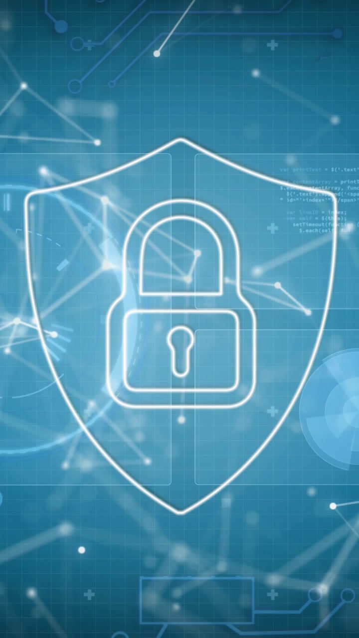 Animazione di scudo digitale con lucchetto e connessioni su sfondo blu