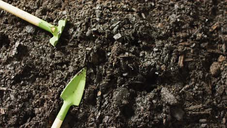 close up video of miniature trowel and rake gardening tools lying on dark soil, with copy space