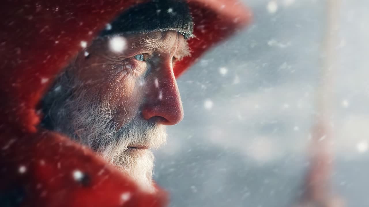 An Introspective Portrait of a Weathered Man in a Red Hooded Jacket Amidst a Snowy Landscape, Capturing the Essence of Resilience and Character in Harsh Conditions