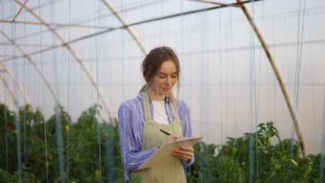joven agricultora en un invernadero cubierto, contabilidad usando una tableta