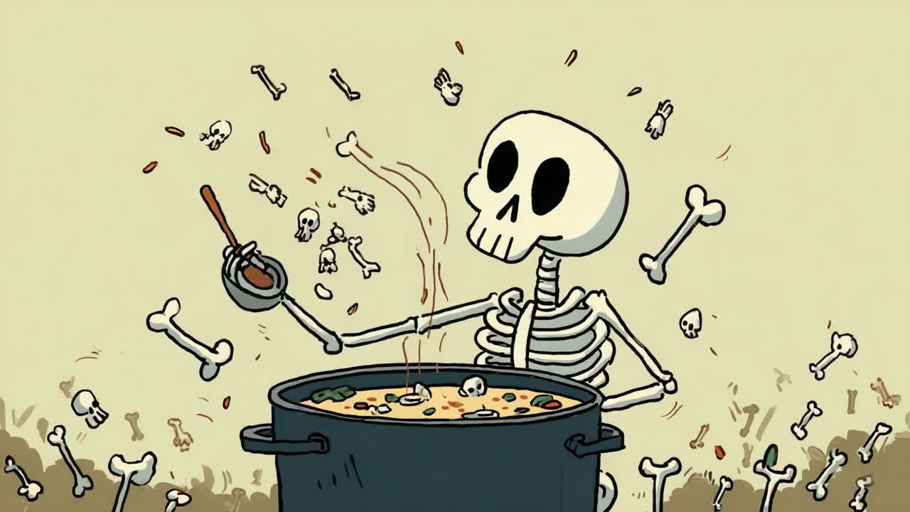 A whimsical animated skeleton cheerfully stirs a pot of colorful stew amidst a shower of cartoonish bones, creating a humorous culinary scene full of imagination