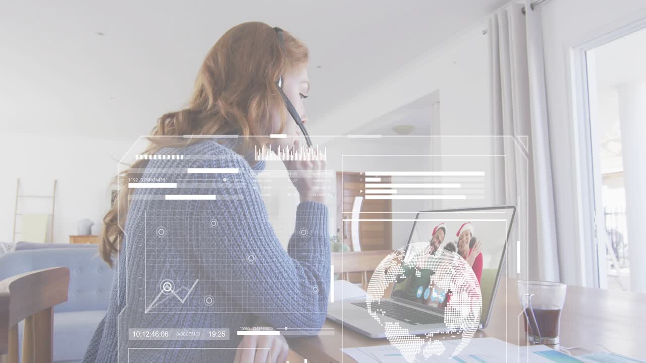 Live family call connecting woman manipulating floating charts reviewing tech metrics on laptop